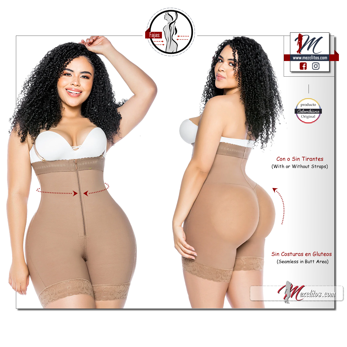 Faja body short con tirantes (Cocoa, S) at  Women's Clothing store